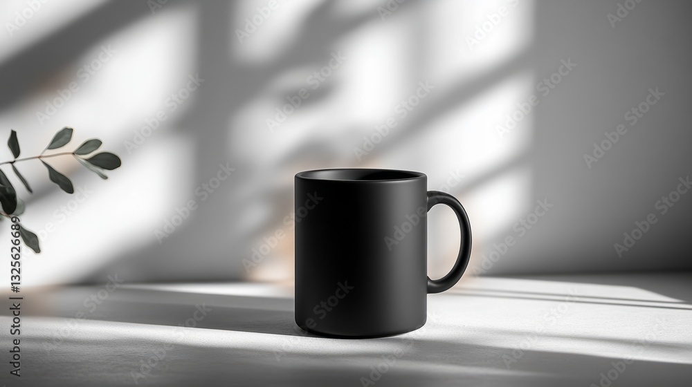 Poster an empty black mug on a plain, light grey table, with a minimalistic backdrop and soft shadows highl