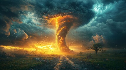 Fototapeta premium Dramatic Tornado Forming Under Dark Stormy Skies at Sunset