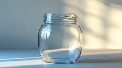 An empty glass jar with a wide mouth, standing on a smooth light background, delicate reflections and soft shadows