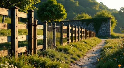 Naklejka premium Rustic wooden fence lines a sunlit grassy path beside a stone wall, creating a serene pastoral scene.