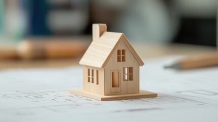 Wooden Model House on Architectural Drawings with Pencil, Concept of Home Design and Construction, Building Planning and Real Estate Ideas