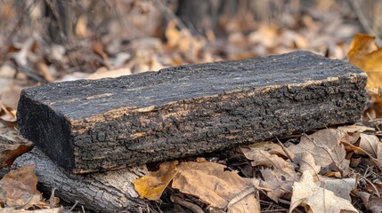 Fototapeta premium Wood Block Resting Among Fallen Leaves in Forest Environment Nature Scene Outdoors Scenic Tranquility