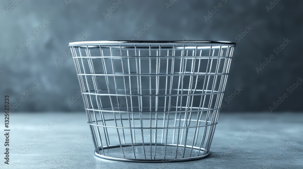 Poster an empty metal wire basket, placed on a smooth light grey surface with soft diffused lighting around