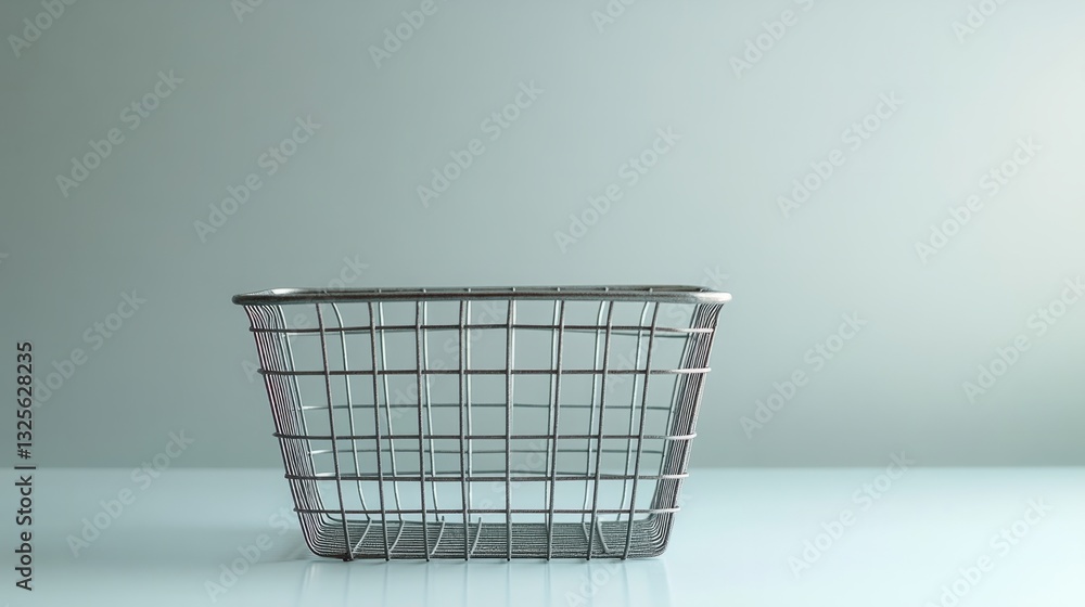 Poster an empty metal wire basket, placed on a smooth light grey surface with soft diffused lighting around