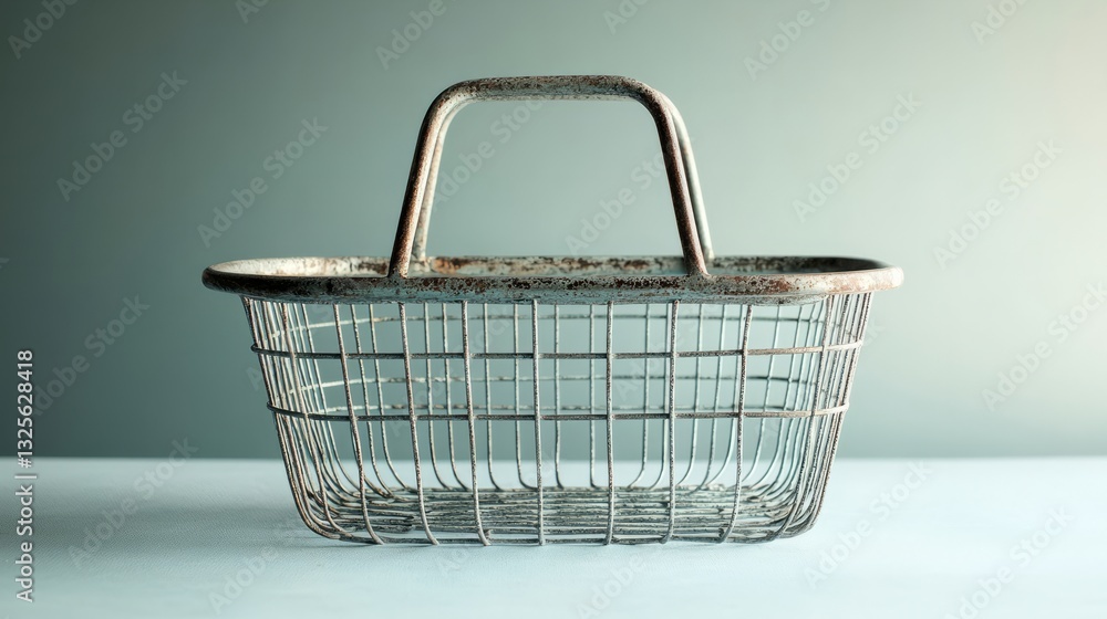 Poster an empty metal wire basket, placed on a smooth light grey surface with soft diffused lighting around