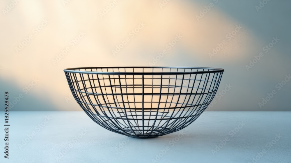 Poster an empty metal wire basket, placed on a smooth light grey surface with soft diffused lighting around