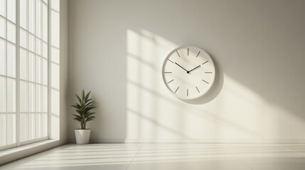An empty minimalist clock face, no hands, centered on a white wall with soft diffused light 