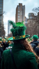 Naklejka premium Woman in green St. Patrick's Day hat in city parade.