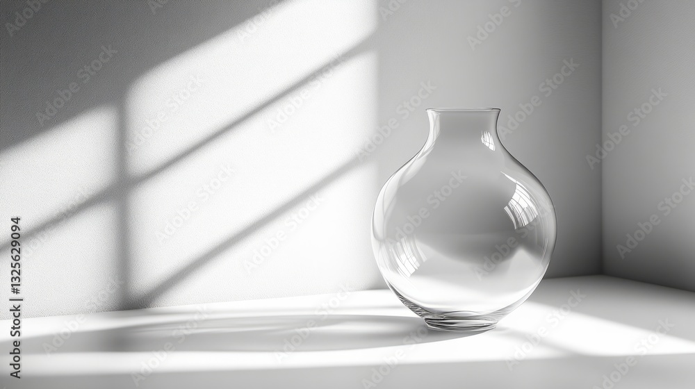 Poster an empty transparent vase, standing alone on a smooth white surface, with a subtle shadow beneath it