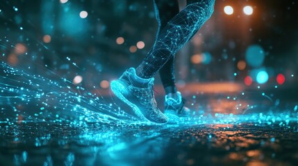 People running close up foot fiber optic wand strobe.