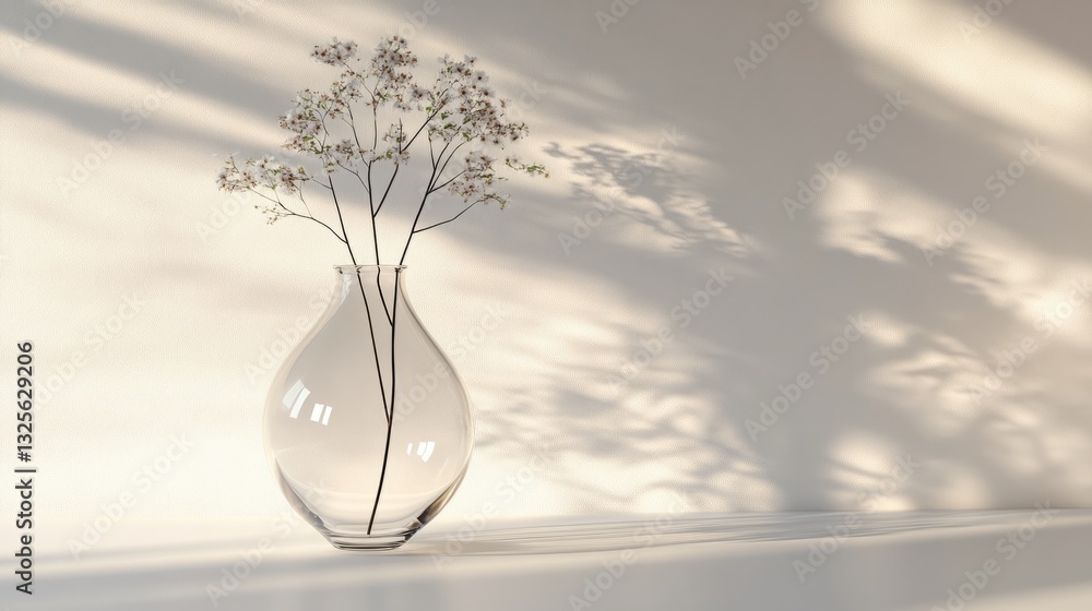 Poster an empty transparent vase, standing alone on a smooth white surface, with a subtle shadow beneath it