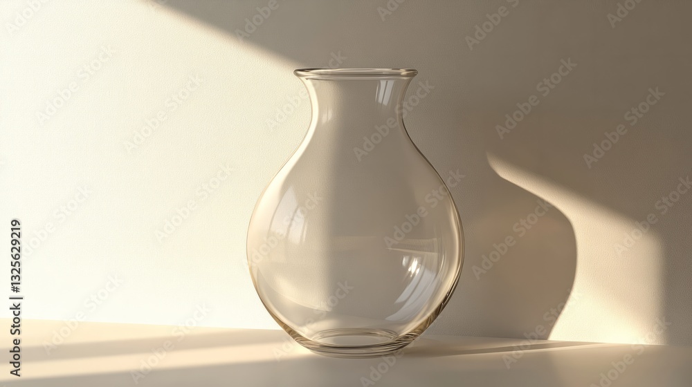 Poster an empty transparent vase, standing alone on a smooth white surface, with a subtle shadow beneath it