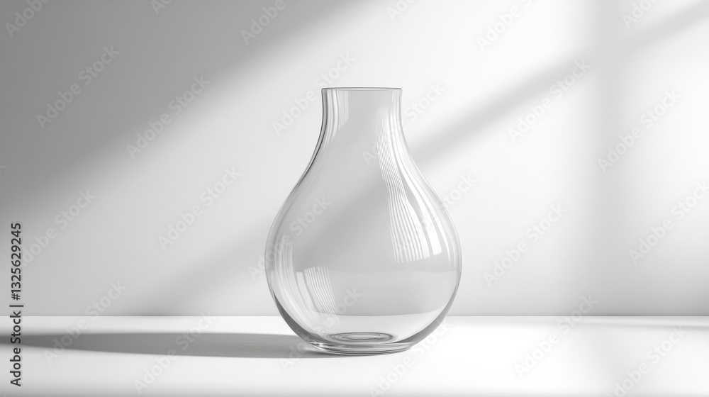 Poster an empty transparent vase, standing alone on a smooth white surface, with a subtle shadow beneath it