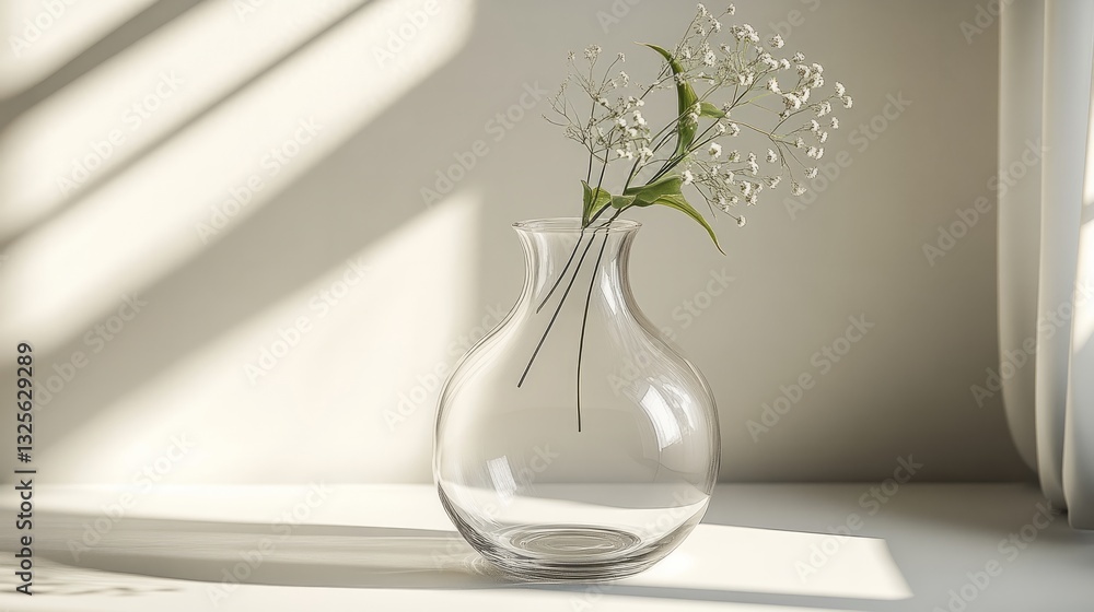 Poster an empty transparent vase, standing alone on a smooth white surface, with a subtle shadow beneath it