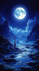 Fototapeta premium Serene Moonlit Landscape with Cactus and Starry Night Sky
