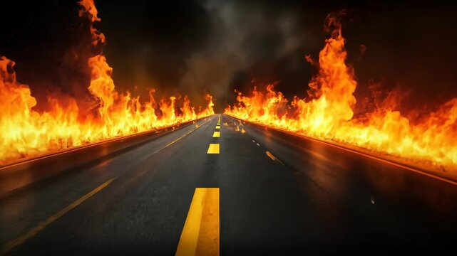 Intense highway blaze with expanding flames engulfing entire landscape