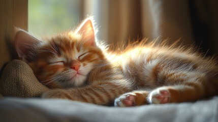 Obraz premium A small, fluffy orange cat is peacefully curled up on a cozy bed, its tiny paws tucked under its chin. Sunlight filters through the window, casting a warm glow on its fur.