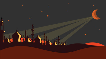 Mosque silhouette illustration with crescent moon above buildings, stars and light rays on a gray night sky with dunes