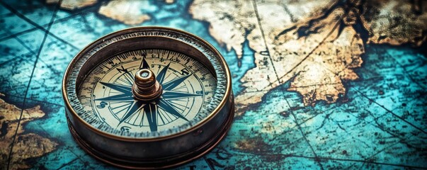 A detailed compass rests on a vintage and worn map