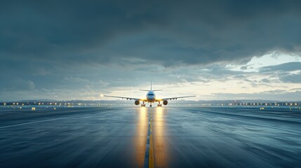 Dramatic stormy clouds and moody skies over a busy international airport runway during dusk  A commercial passenger airplane takes off into the dramatic