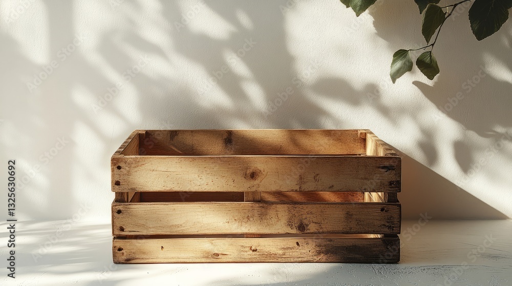 Poster an empty wooden crate, placed on a smooth neutral surface with soft shadows and a minimalistic backd