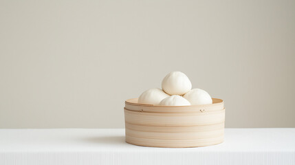 Fototapeta premium Steamed Buns in a Bamboo Steamer: Delicious fluffy steamed buns arranged in a traditional bamboo steamer, set against a neutral backdrop, evoking a sense of comfort and cultural richness.