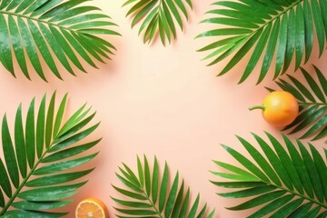 Obraz premium Summertime Delight A Vibrant Composition of Lush Tropical Palm Fronds and Ripe Citrus Fruits on a Peach-Colored Background