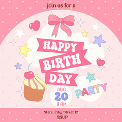 invitation birthday party with pink bow, cupcake, hearts and stars, cute  card decoration,