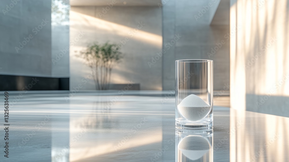 Poster an unfilled transparent hourglass, standing on a smooth white table with soft light reflecting off i