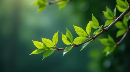 Naklejka premium A vibrant branch showcasing newly emerged spring leaves, bathed in soft sunlight against a blurred green backdrop, symbolizing renewal and the beauty of nature's awakening.