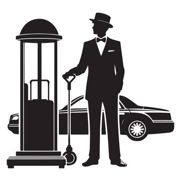 recommend clip art: Elegant Hotel Bellhop Silhouette with Luggage Car Service Vector