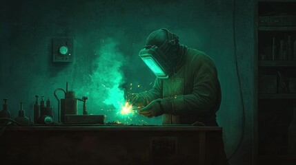 Skilled welder using protective gear working in dimly lit workshop creating metal sparks with tools and machinery for industrial fabrication or repair work