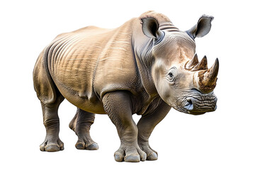 Fototapeta premium A majestic rhinoceros standing confidently, showcasing its unique characteristics against a white isolated background.