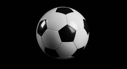 Fototapeta premium 黒背景に輝くサッカーボール 鮮明な光沢 完璧な球体. AI Generated