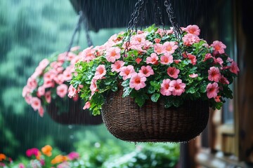 Delicate blossoms sway gently as rain falls softly on a charming porch adorned with vibrant flowers in a serene outdoor retreat