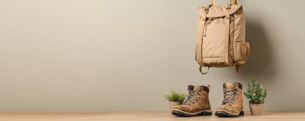 A stylish setup featuring a backpack and hiking boots beside small plants, ideal for outdoor adventures.
