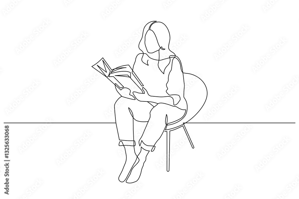 Poster woman with book in sitting pose continuous one line drawing. reading concept simple linear style. ab