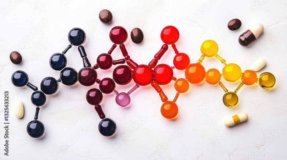 Poster colorful molecular structure displayed with various types of medication