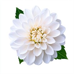 Elegant White Dahlia Flower with Detailed Petals and Green Leaves Isolated on White