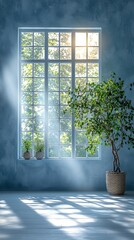 A vibrant green plant with broad leaves is nestled in a decorative pot, positioned in front of a large window. Sunlight streams in, casting soft shadows and highlighting the plant's lush foliage.