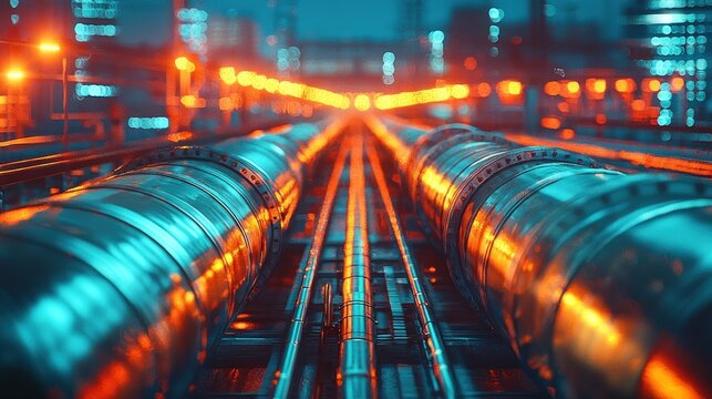 Industrial pipes and infrastructure glow with urban artificial lighting
