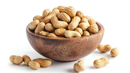 organic peanuts in wooden bowl isolated on white