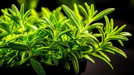 Lush green plant with elongated leaves against dark background