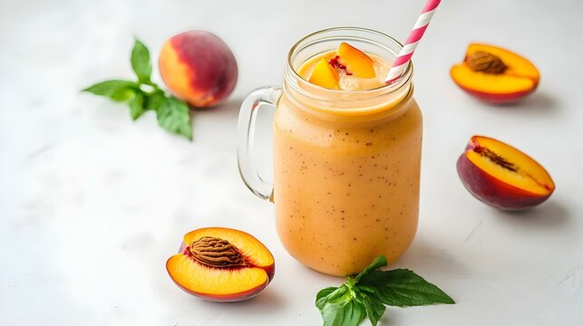 Peach smoothie in a mason jar glass