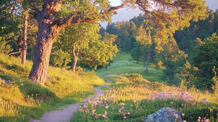 Serene Pathway Through Lush Green Forest in Gentle Morning Light