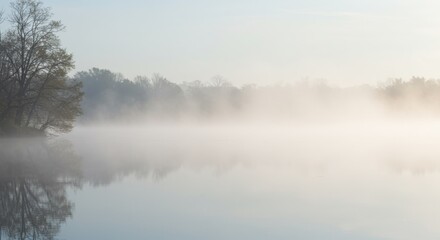 Misty morning over a tranquil lake at dawn 