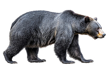 Fototapeta premium Black bear walking, showcasing its strength and texture against a white isolated background.