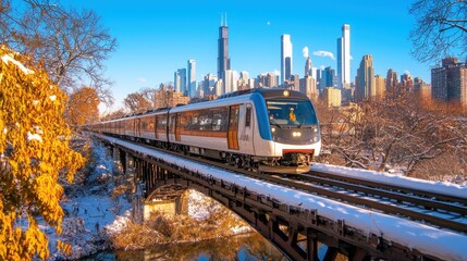 Fototapeta premium Train Crossing Bridge with City Skyline in Background During Winter