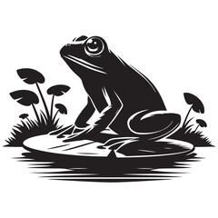 Silhouette Frog Sitting on a Lily Pad Vector Illustration Art