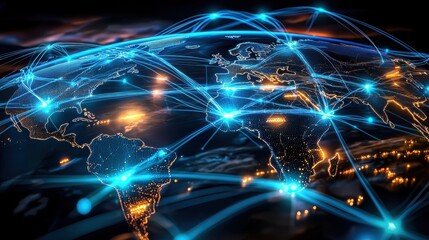 Obraz premium Glowing Global Network of Interconnected Cities and Infrastructure at Night A futuristic visualization of the world s interconnected digital systems transportation